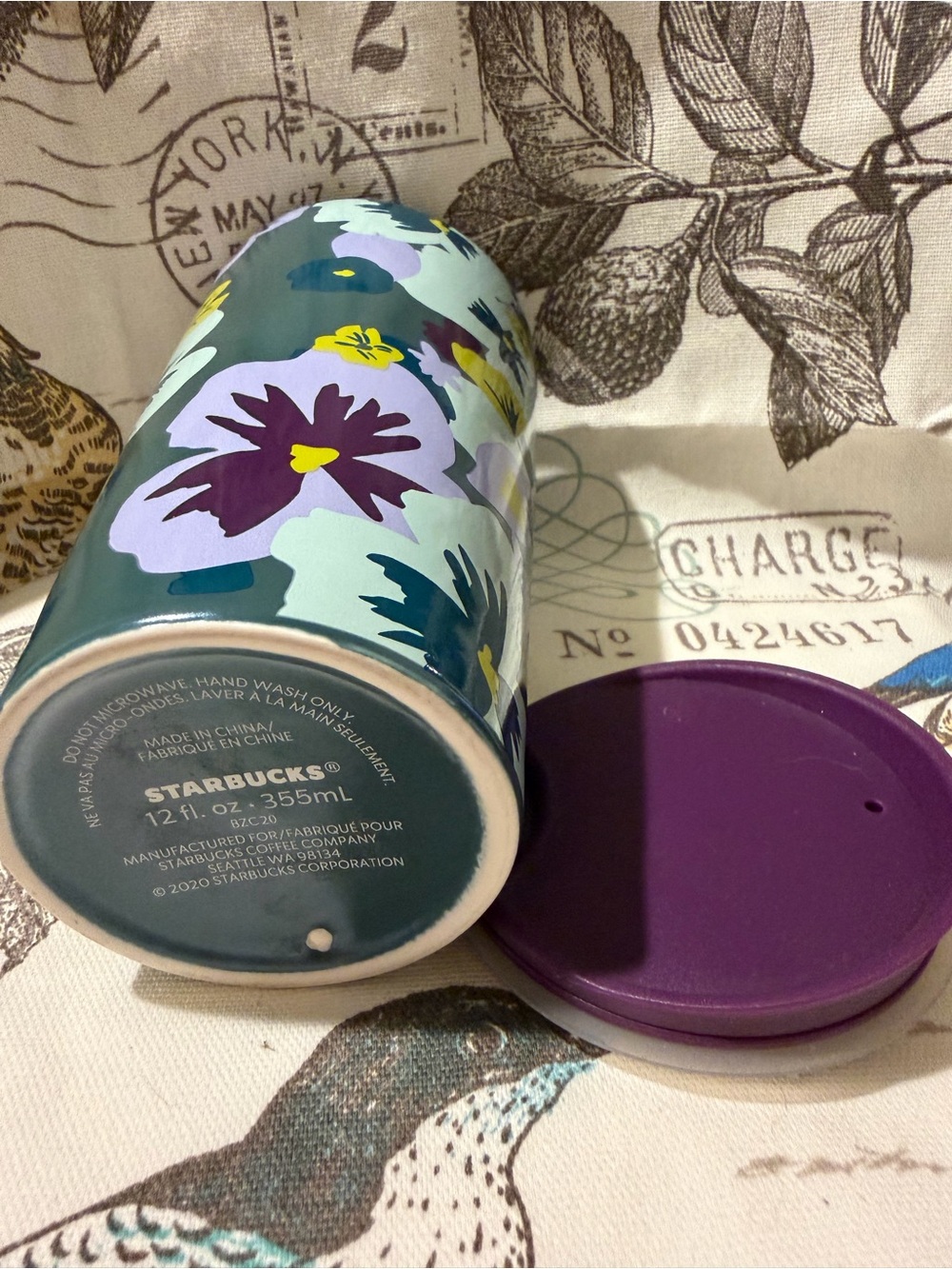 Starbucks Teal Floral Travel Mug with Purple & Yellow Flowers - Picture 2 of 3